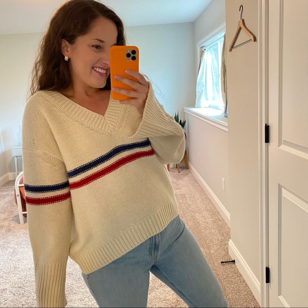 TOMORROWLAND Cream Blue Red Striped Wool V Neck Sweater Small - Picture 5 of 16